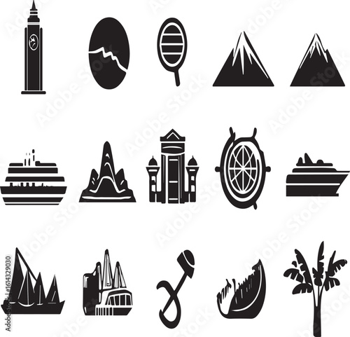 A collection of fifteen black and white travel icons including landmarks and modes of transportation