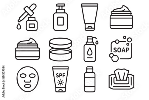 Comprehensive Collection of Skincare Icons Hydrating Serum, Moisturizing Cream, Soap, SPF, Facial Masks, and More for Skin Care, facial makeup skincare cosmetics Background