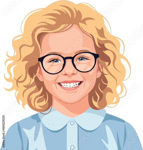 Cheerful Girl Wearing Glasses Smiling, Showing Teeth, and Blond Hair