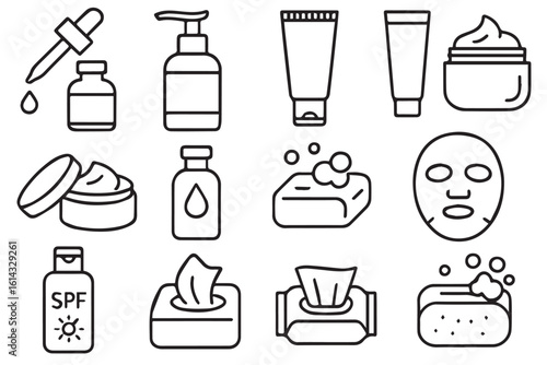 Skincare Icon Set Serum, Moisturizer, SPF, Soap, Face Mask, and Cleansing Products for Daily Skincare Routine, facial makeup skincare cosmetics Background
