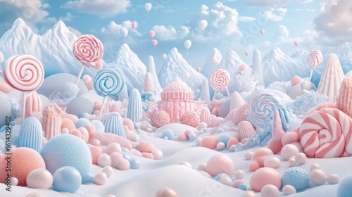 Whimsical candy landscape nestled in snowy mountains