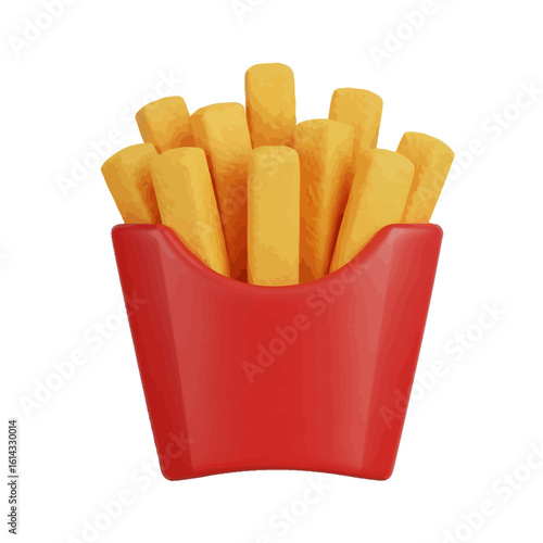 Golden french fries in a red cardboard container, isolated on white background.