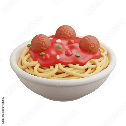 A cartoonish depiction of spaghetti and meatballs in a white bowl.