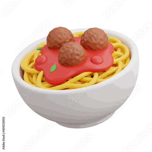 A bowl of spaghetti and meatballs, rendered in a playful 3D style, features a generous serving of pasta topped with three meatballs and rich tomato sauce.