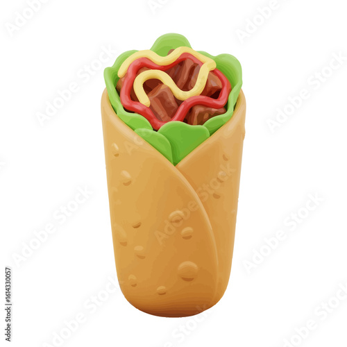 A stylized, cartoonish representation of a burrito, complete with fillings and condiments.