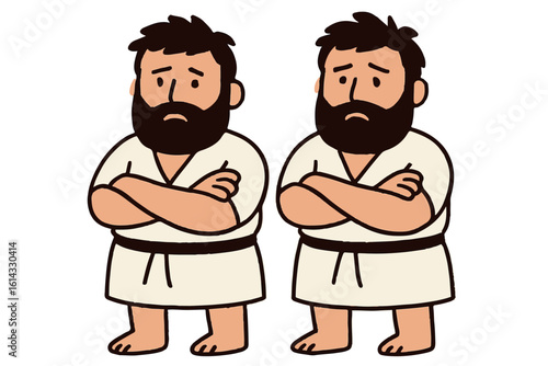 Sad Cartoon Bearded Twins in Martial Arts Uniforms with Arms Crossed, Depressed and Concerned Expressions, Character Design, Illustrative Art