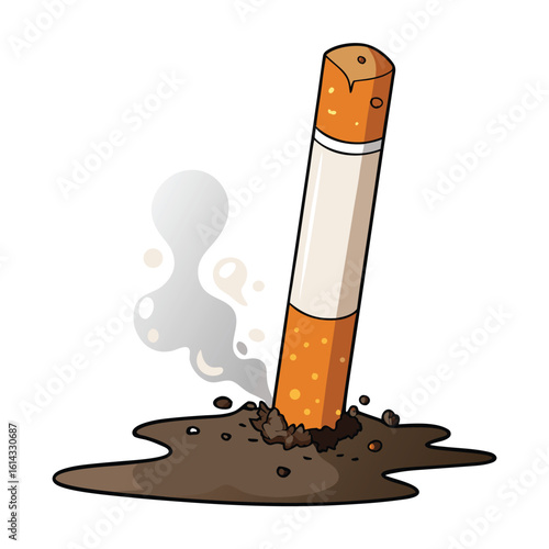 Cartoon Cigarette Butt Still Smoking Sticking Out From Dark Brown Ash Pile