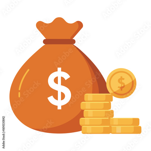 Cartoon Illustration Orange Money Bag with White Dollar Sign and Stacked Gold Coins