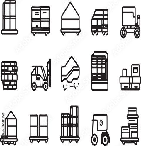 Illustration of various shipping and transportation icons arranged on a white background