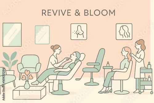 Illustration of a cozy salon retreat with a woman receiving a facial treatment and another woman getting her hair styled in a relaxing beauty space, facial makeup skincare cosmetics background