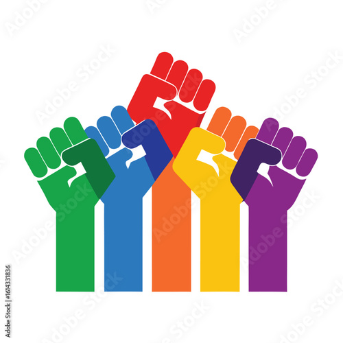 Raised Fists in Rainbow Colors Symbolizing Unity, Diversity, and Collective Strength Illustration