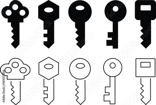 Antique key silhouettes. Medieval and modern keys, black vintage shapes set. Open door symbols,privacy and escape. Abstract tidy vector elements Mixed Keys Silhouettes and Keys black white vector icon