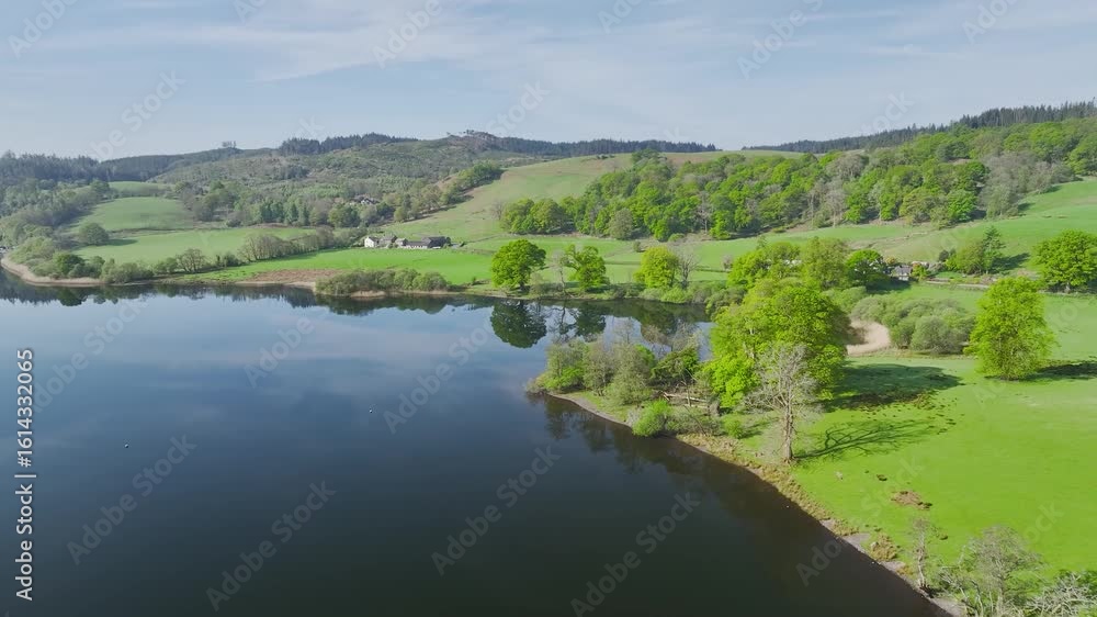Farms over Esthwaite Water from a drone, Lake District National Park, Near Sawrey, Ambleside, Lancashire, Cumbria, England Farms over Esthwaite Water from a drone, Lake District National Park, Near Sawrey, Ambleside, Lancashire, Cumbria, England