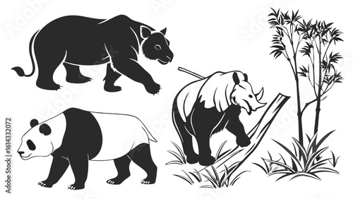 Illustration of Various Wild Animals Including a Panda, Bear and Elephant