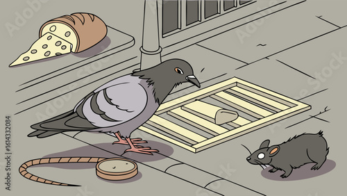 Pigeon and Mouse Interacting Near a Food Trap on Urban Pavement