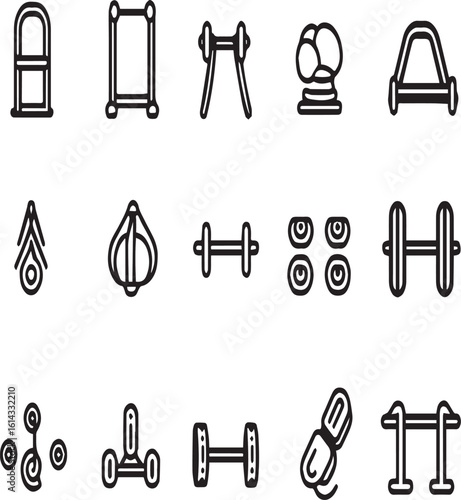 A collection of minimalist line art icons depicting various fitness and exercise equipment on white
