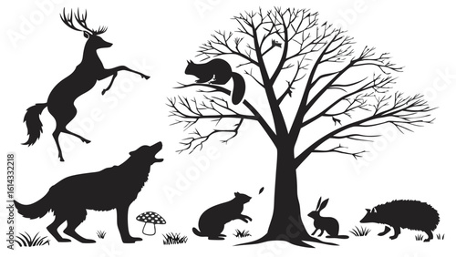 Silhouette of Various Forest Animals Including Deer, Wolf, and Squirrel