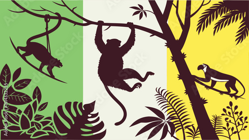 Silhouettes of Monkeys Playing in a Vibrant Tropical Jungle Setting
