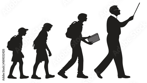 Silhouette of Evolution from Child to Adult Holding a Book and Teaching Tool