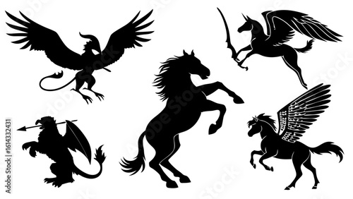 Silhouette Illustration of Mythical Creatures Including Griffin Unicorn Dragon