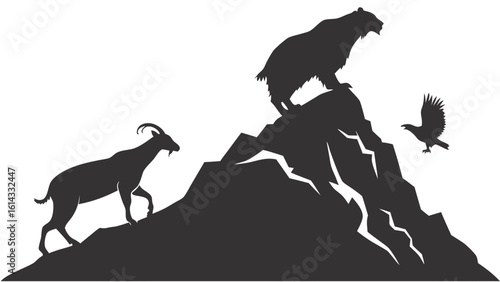 Silhouetted Bear Mountain Goat and Eagle on Rocky Landscape at Sunset