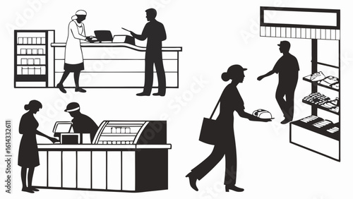 Silhouettes of People Engaging in Food Shopping and Transaction in Retail