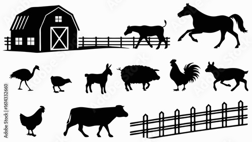 Silhouettes of Various Farm Animals Near a Barn with Picket Fence at Dusk