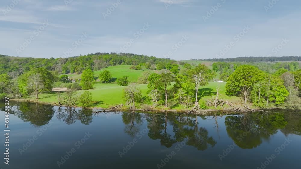 Farms over Esthwaite Water from a drone, Lake District National Park, Near Sawrey, Ambleside, Lancashire, Cumbria, England Farms over Esthwaite Water from a drone, Lake District National Park, Near Sawrey, Ambleside, Lancashire, Cumbria, England