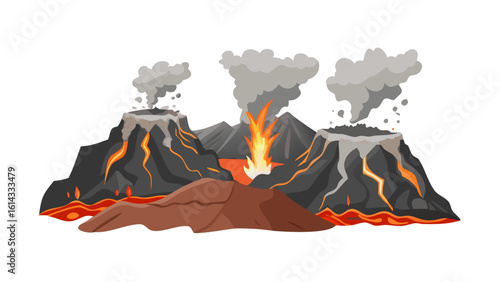 dramatic volcanic landscape with smoking craters