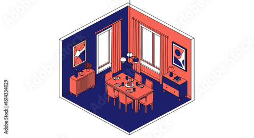 Modern dining room setup with stylish decor and furniture arrangement