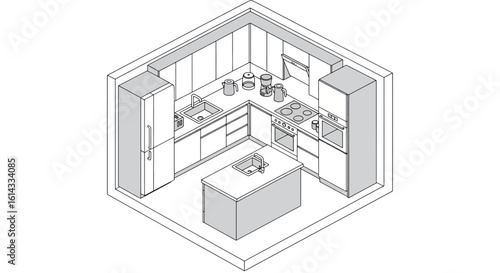 Modern kitchen layout with island and appliances in minimal style
