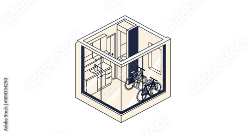 Small apartment layout with kitchen and bicycle storage space