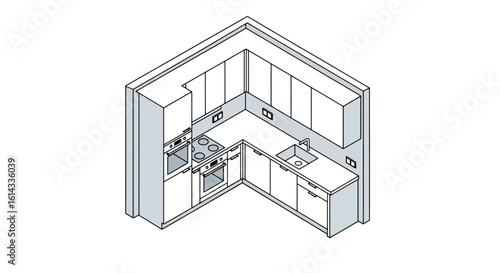 Modern kitchen layout plan in a corner room