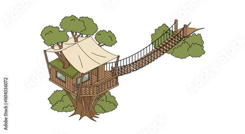 Treehouse and bridge in forest, whimsical outdoor retreat