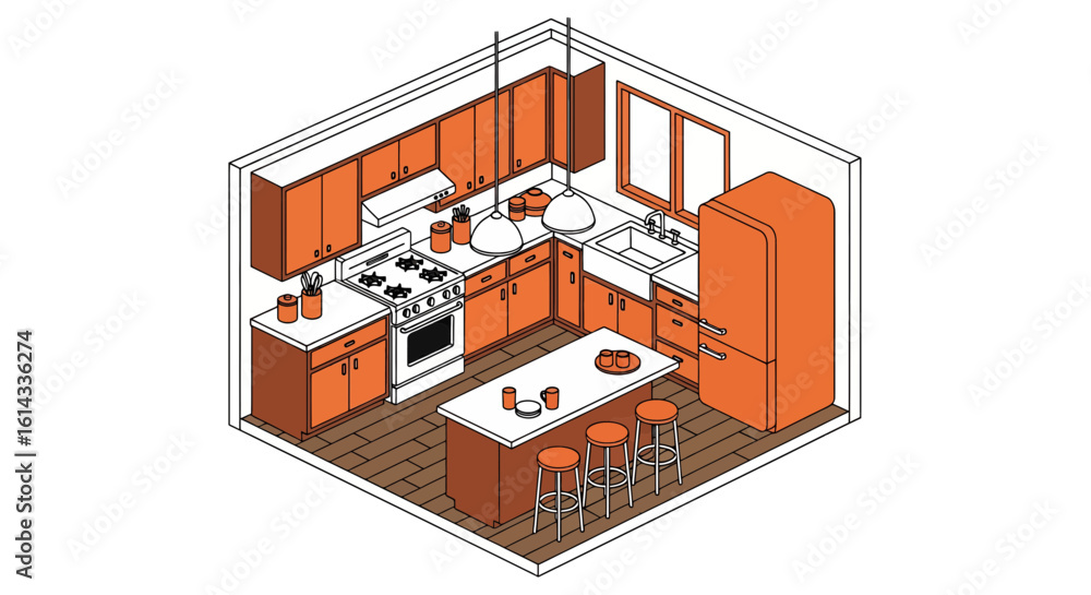 Obraz premium Orange kitchen interior isometric view modern home cooking