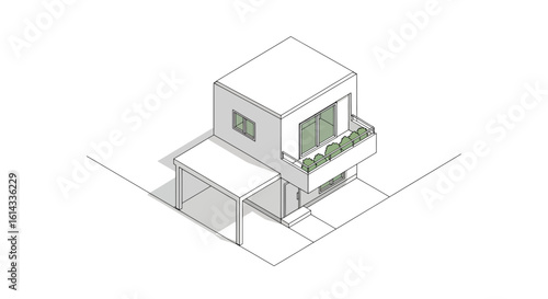 Modern house with balcony and garage isometric view