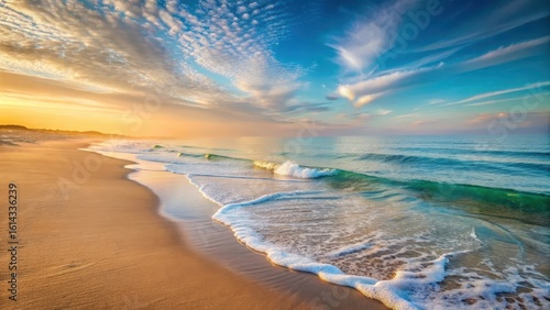 Golden Hour Serenity Ocean Waves Gently Kissing a Sandy Shore at Sunrise