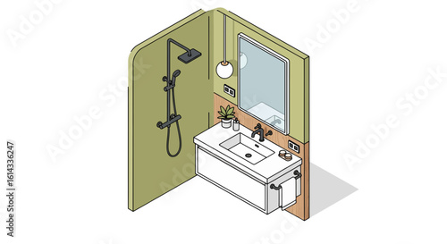 Modern bathroom interior isometric view shower vanity mirror