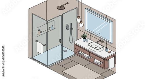 Modern bathroom interior with shower and vanity