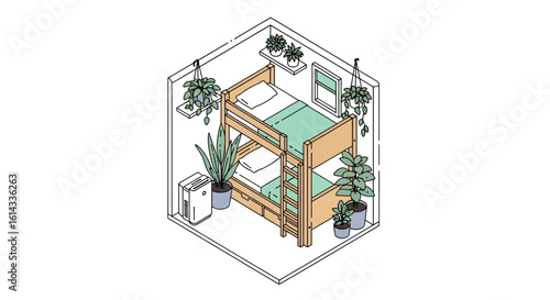 Small room interior with bunk beds and plants