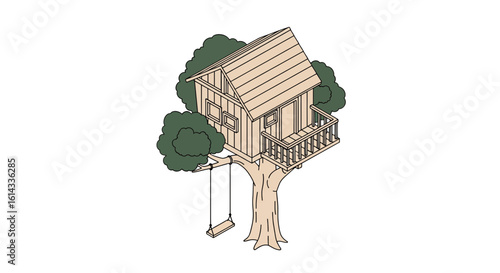 Treehouse in a tree with a rope swing