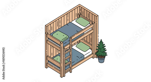 Bunk bed with bedding and potted plant