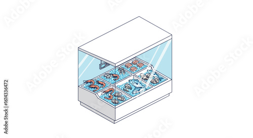 Seafood display case with fresh fish and shellfish