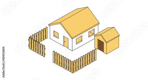 House with Fence and Shed Isometric View