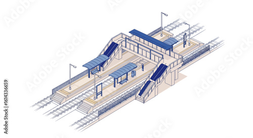 Train station platform structure isometric view