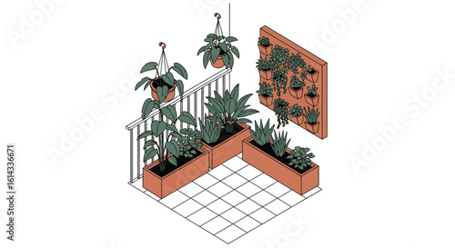 Balcony garden with planters and vertical wall greenery
