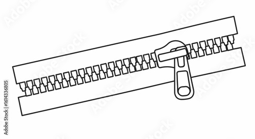 Minimalistic outline illustration depicting a zipper with open teeth and a slider, perfect for design element use of textiles or clothing