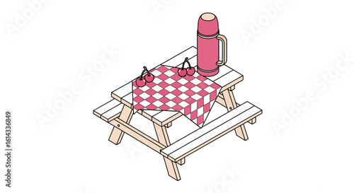 Picnic table with cherries and thermos, flat style