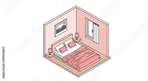 Pink bedroom interior with bed, window, and bedside lamps