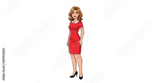 Illustration of a stylish young woman in a form-fitting red dress with a white collar and wearing high heels, exuding a confident and modern vibe